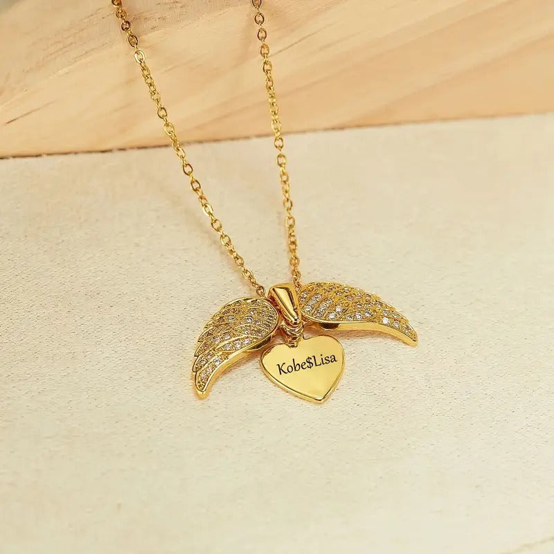 Personalized Heart Name Angel Wings Necklace
