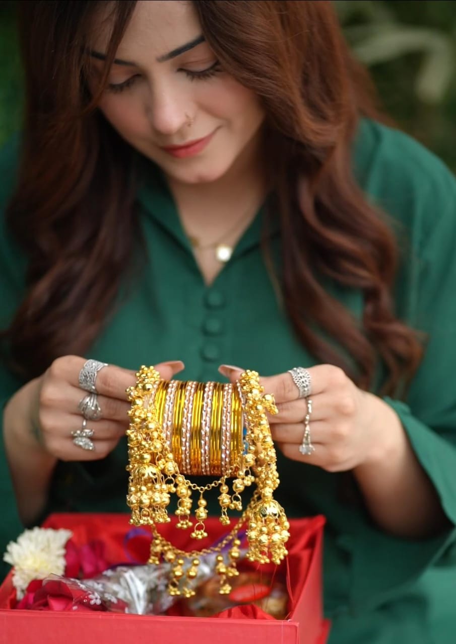 Royal Pearl & Golden Bangle Set with Jhumka Hangings