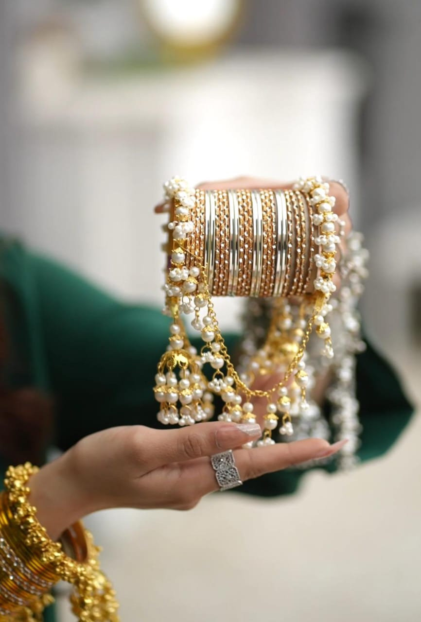 Royal Pearl & Golden Bangle Set with Jhumka Hangings