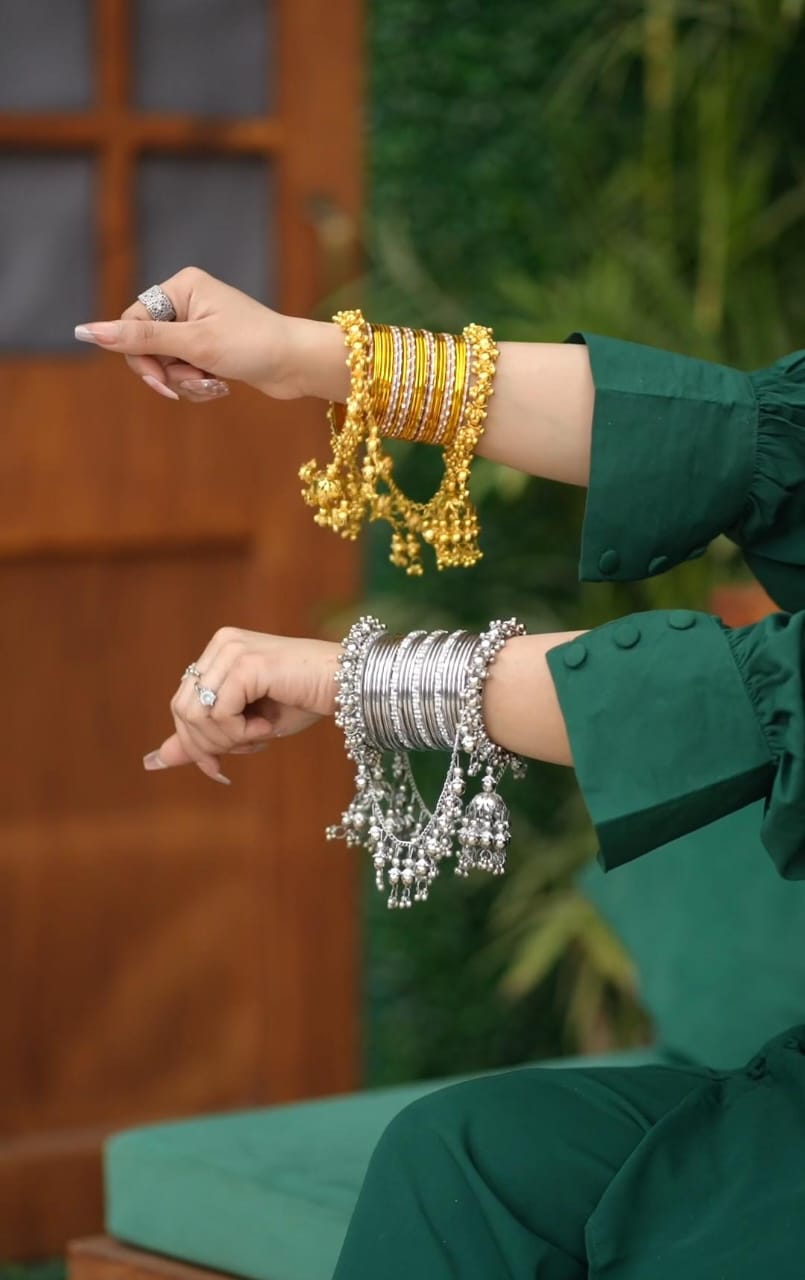 Royal Pearl & Golden Bangle Set with Jhumka Hangings