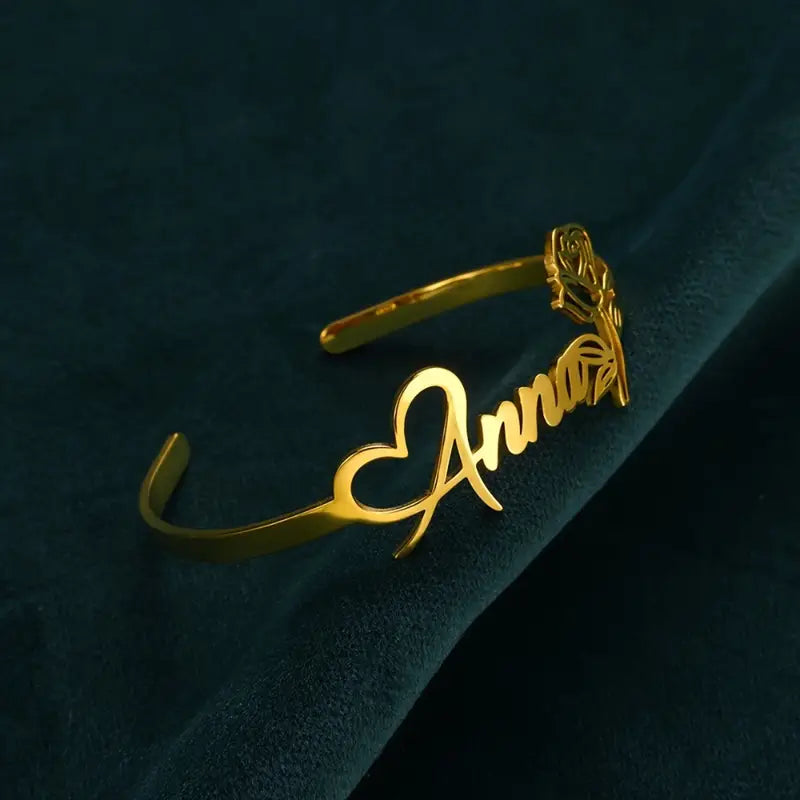 Personalized Rose Heart Name Bracelet – Adjustable Open Design